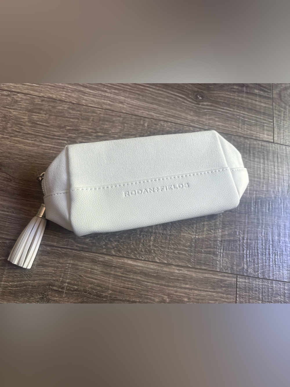 Rodan + Fields White Leather Cosmetic Pouch with Tassel